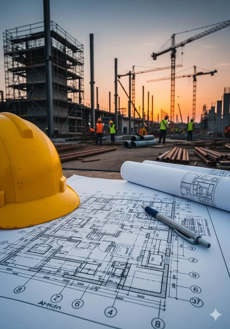 Drawings and hard hat on site